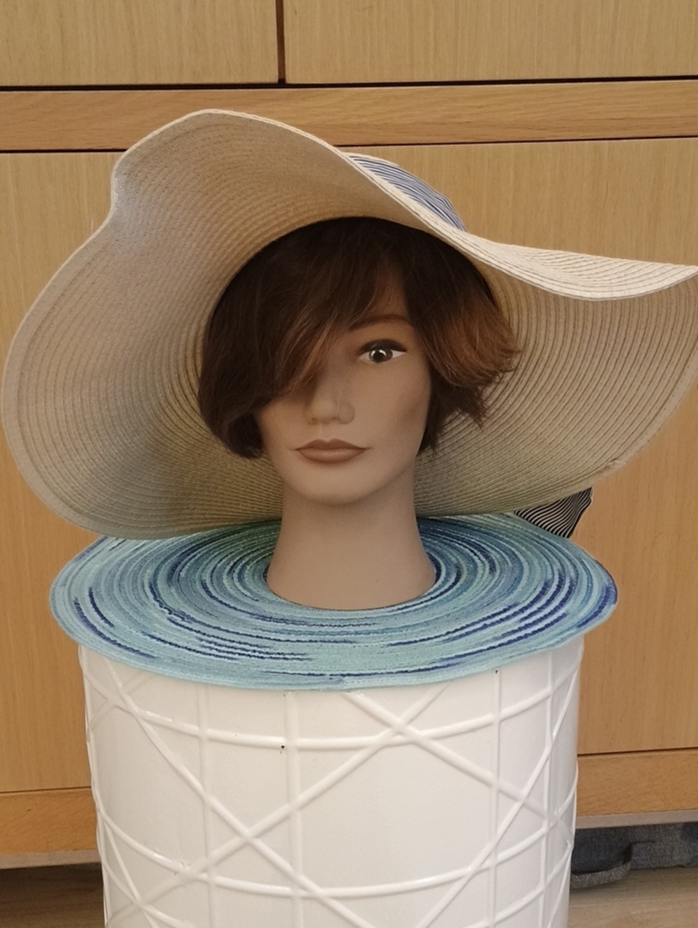 Jones New York Cream Wide-Brim Sun Hat with Blue Stripe Trim